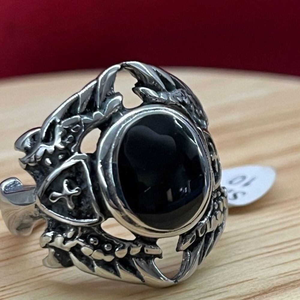 Black Stone Biker Ring Heavy Duty Stainless Steel Bold Goth S10Rock Cross